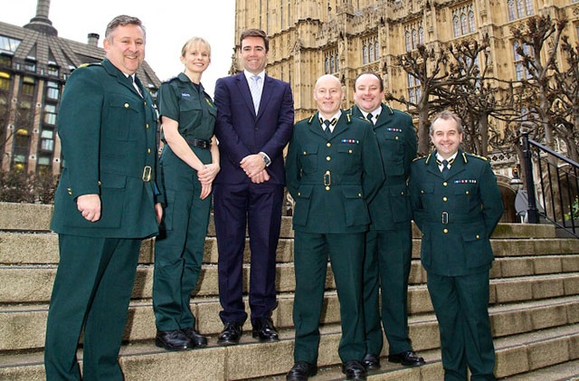 Andrew Redgrave (far left) with fellow NWAS colleagues and Mayor of Greater Manchester, Andy Burnham outside the House of Commons in 2015 at a lobbying event to push for basic life support education