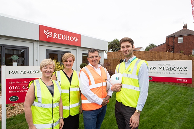 Pictured (left to right) are: Redrow’s Claire Jarvis and Lorraine Moore with Mike Coulter of F O Developments and Leader of Oldham Council, Cllr Sean Fielding