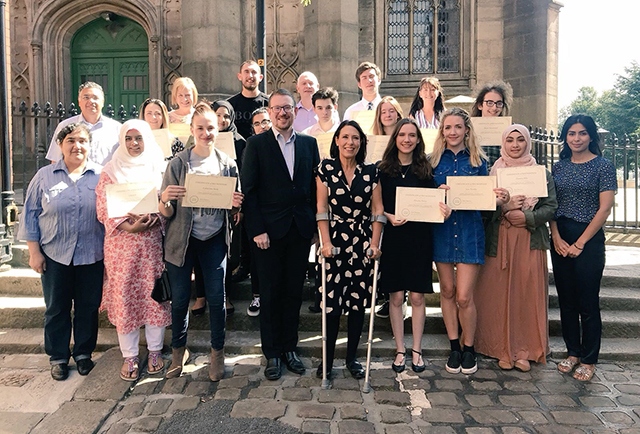 Pictured (left to right) are: Marzia Babakarkhail (staff), John Abrahams (speaker), Hafizan Zaman (UKEFF), Anna (Action Together), Sue Fletcher (Age UK), Catherine Stott, Sabha Ijaz, Sam Hughes, Kainat Muzzafar, Andrew Gwynne MP, Bryn Hughes (PC Nicola Hughes Fund), Josh Hewitt, Debbie Abrahams MP, Gareth Curzon, Maeve Glenn, Phoebe Price, Julie Bradbury (Positive Steps), Jess Fowler, Harry Townsend, Omairia Bibi, Sabah Kanwal (staff).