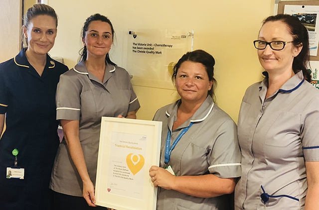 Pictured at the Quality Mark accreditation are (left to right): Lindsey Dawson – Macmillan Lead Chemotherapy Nurse, Hannah Whittaker, Rachael Tomkins and Jane Lees (all Macmillan Chemotherapy Nurses)