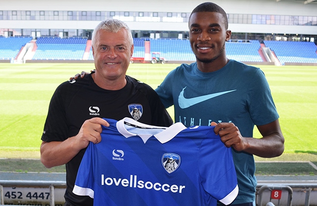 Jonathan Benteke is pictured with Athletic boss Frankie Bunn