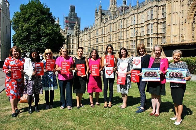 The MPs joining Debbie Abrahams in supporting Show Racism the Red Card are, left to right: Thelma Walker, Rupa Huq, Rosie Duffield, Barbara Keeley, Debbie Abrahams, Rosena Allin-Khan, Melanie Onn, Sarah Jones, Liz McInnes, Rosie Winterton.