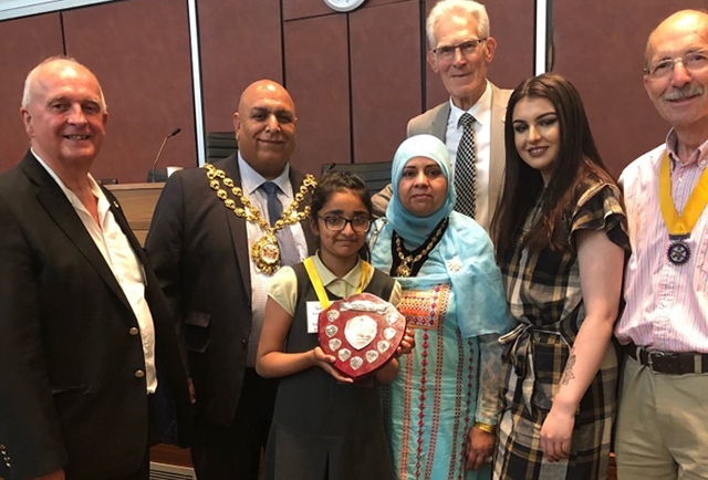 Pictured with the winner’s trophy, Umme-Kalsum, is flanked by the Mayor Cllr Javid Iqbal, the Mayoress Tasleem Akhtar, and the Youth Mayor Amber Powell. Also pictured (left to right): are Rotarians Frank Bolger, Immediate Past President Mel Farrar (MC) and Jack Wild, the President-Elect.
