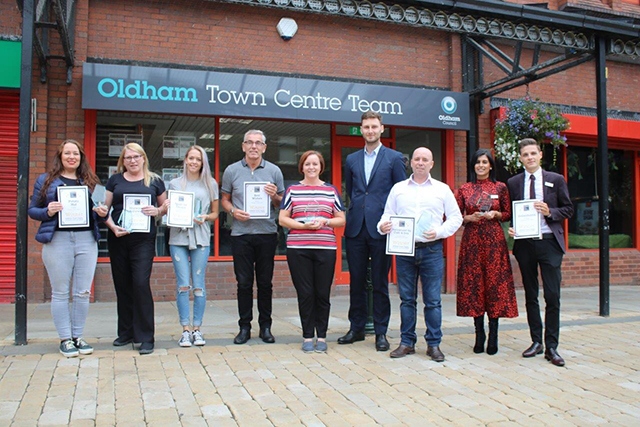 The winners from the Town Centre Business Awards. From left to right: Nicola Harkins, Potato Hut (Market Hall) Diane Lyon, Marwoods Babywear (Market Hall), Beth Egerton-Huntington, Spoilt For Choice (Market Hall), Ian Rothwell and Nicola Rothwell, Best Wishes (Market Hall) Sean Fielding, Leader of Oldham Council, Ross McGivern, Parliament Square Café and Deli (Parliament Sqaure), Shabana Azib Dean Proudman, Debenhams (Spindles Town Square Shopping Centre). 