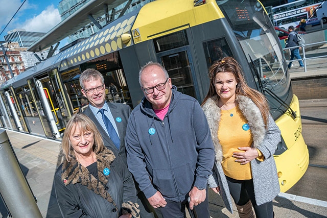 Pictured are (left to right): Brenda Warrington, GMCA Lead for Age-Friendly Greater Manchester and Equalities; Stephen Rhodes, TfGM’s Customer Director; Martin Bretts, member of TfGM’s Disability Design Reference Group; Lauren Wild, an expectant mother