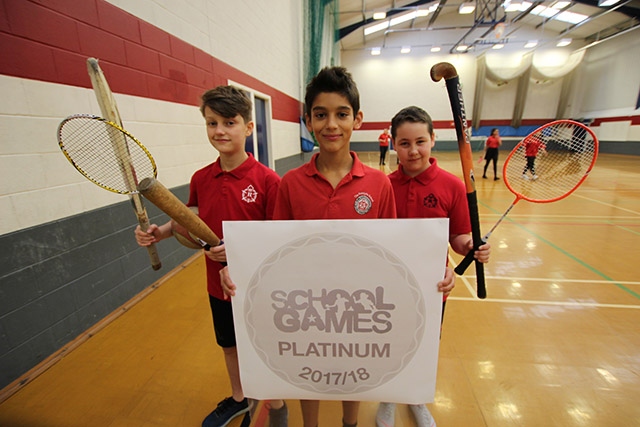 Celebrating the School Games Platinum Award are (left to right) Year 8 students Wade Chadwick, Martim Fernandes and Lewis MacNally Celebrating the School Games Platinum Award are (left to right) Year 8 students Wade Chadwick, Martim Fernandes and Lewis MacNally