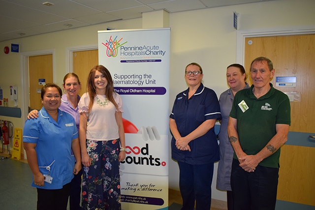 Patient Gianna Lisiecki-Cunane with Haematology Ward staff (left to right): Pearl Seva – Staff Nurse, Janet Rogerson – HCA, Gianna Lisiecki-Cunane, Claire Brumell – Practice Based Educator, Jane Bird – Macmillan Associate Haematology Clinical Nurse Specialist, Pete Senior – Macmillan Cancer Buddy
