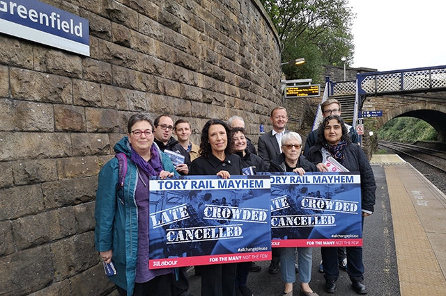 MP Debbie Abrahams meets with campaigners at Greenfield station MP Debbie Abrahams meets with campaigners at Greenfield station