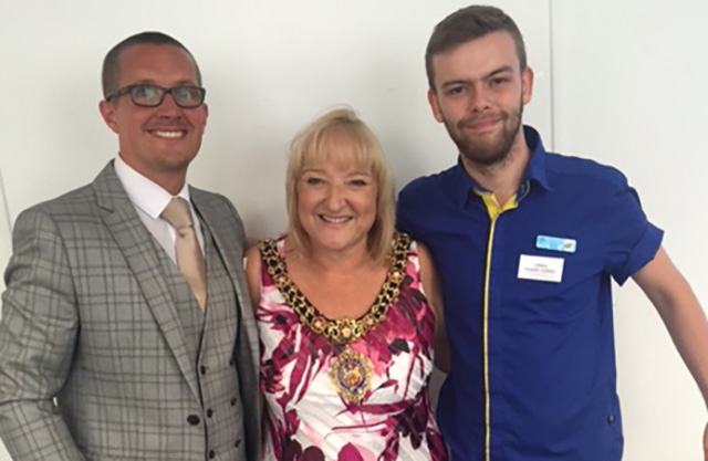 Oldham's Anthony Howard-Cofield is pictured (right) with Lord Mayor of Manchester, Councillor June Hitchen, and Greg Bate, from Seetec Oldham's Anthony Howard-Cofield is pictured (right) with Lord Mayor of Manchester, Councillor June Hitchen, and Greg Bate, from Seetec