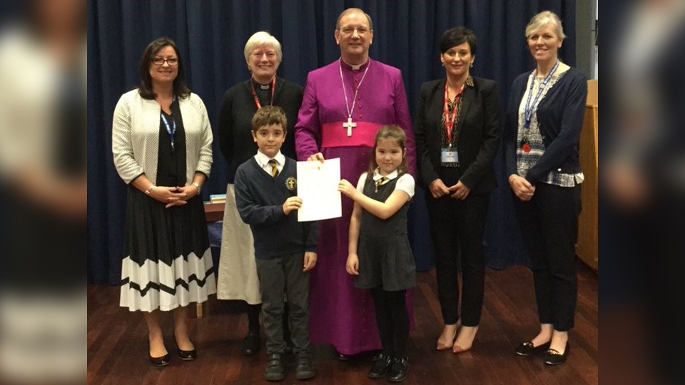 Left to right:   Mrs Joanne Cunningham, Rev. Pat Gillian, Bishop Mark Davies, Ms Jane Fraser, Mrs Claire Calverley-Smith, Theo Horner and Isabella Sweeney-Musselle