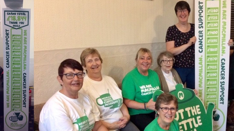 (left to right) Karen Schofield, Barbara Schofield, Paula Hardy, Margaret Hardy  Louise Roberts; Kneeling in front of tea pot, Linda Heywood 