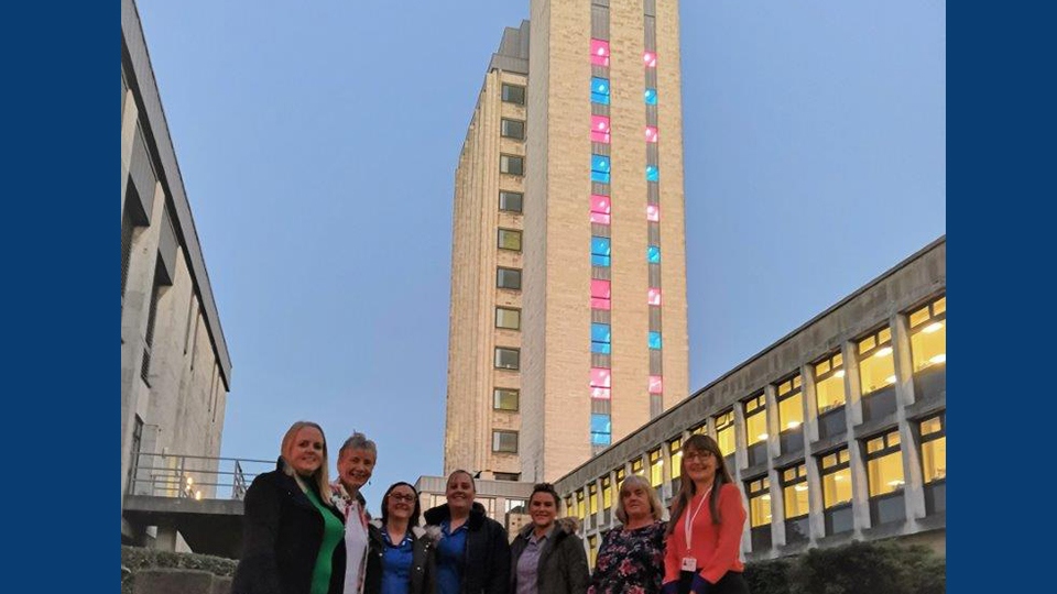 Oldham Civic Centre illuminated in pink and blue