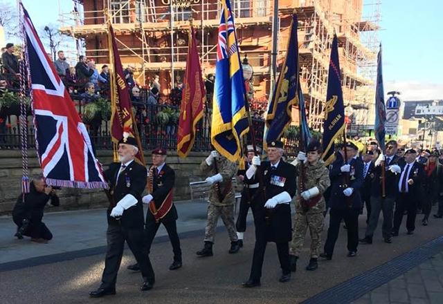 The Remembrance Sunday scene in Oldham town centre yesterday