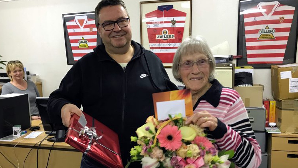 Clarice pictured with Roughyeds chairman Chris Hamilton at her surprise 90th birthday party at the club.
Clarice pictured with Roughyeds chairman Chris Hamilton at her surprise 90th birthday party at the club.