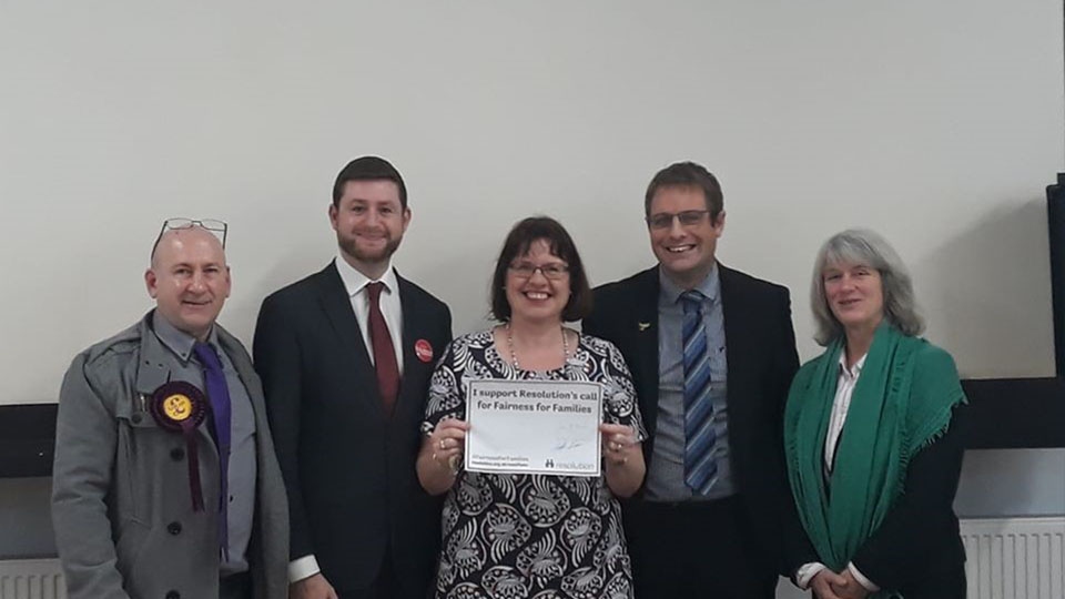 (left to right; Anthony Prince (UKIP); Jim McMahon (Labour); Rhona Royle, (Head of Family Law at Wrigley Claydon Solicitors); Garth Harkness (Liberal Democrats) and  Wendy Olsen standing in for Dan Jerrome  (The Green Party) 