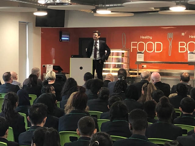 Greater Manchester Mayor, Andy Burnham, speaks to pupils at Oasis Academy Leesbrook