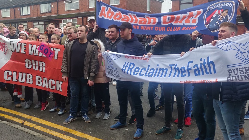 Around 300 fans protested at Boundary Park on Saturday Around 300 fans protested at Boundary Park on Saturday