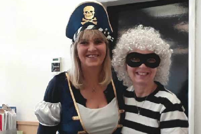 Last year’s World Book Day at Scrivens Shaw branch –  manager Elaine Speight (left in pirate costume) and colleague Mandy Knapman (right) as Gangsta Granny