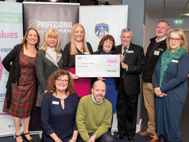 Pictured back row from left are Suzanne Wright of Pearson Solicitors & Financial Advisers, Stephanie Doherty of Caremark Oldham, Vicky Stackhouse, Jill Kirkham and Gordon Russell, all from Dr Kershaw's Hospice; Glenn Drake-Owen of Breakey & Nuttall and Bridget Batty of Limetree PR and Pearson. Pictured front are Lisa Buckley of Dr Kershaw's Hospice and Robbie MacDonald of Oldham Business Edge magazine and Cornerstone Design & Marketing.