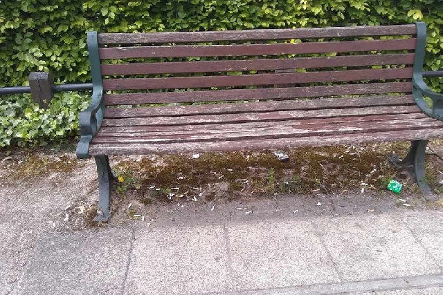 Cigarette butts surround a bench
