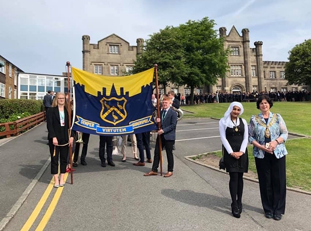 The Mayor of Oldham, Cllr Ginny Alexander, and Youth Mayor Samah Khalil at the start of the Blue Coat School Founders Parade