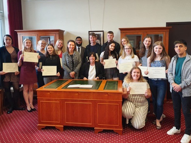 Pictured are (left to right): Caitlin, Megan, Vicky, Eleonore, Aisling, MP Debbie Abrahams, Zeshan, Cllr Ginny Alexander, Archie, Lisa, Tom, Katie, Jenna, Emily, Freya, Libby and Aman Pictured are (left to right): Caitlin, Megan, Vicky, Eleonore, Aisling, MP Debbie Abrahams, Zeshan, Cllr Ginny Alexander, Archie, Lisa, Tom, Katie, Jenna, Emily, Freya, Libby and Aman