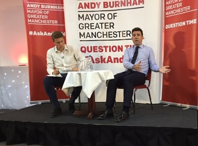 Mr Burnham at an 'Ask Andy' public question time session Mr Burnham at an 'Ask Andy' public question time session