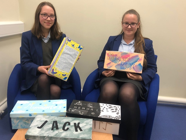 Oldham Hulme Grammar School students with their memory boxes.