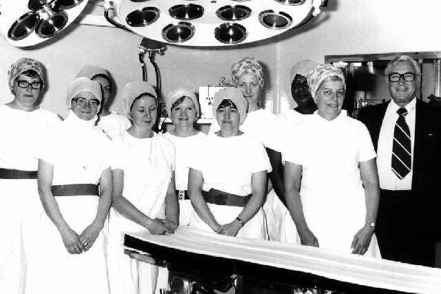 Patrick Steptoe, with Muriel Harris (front, right) and the group of nurses whose involvement in the early days of IVF was invaluable.