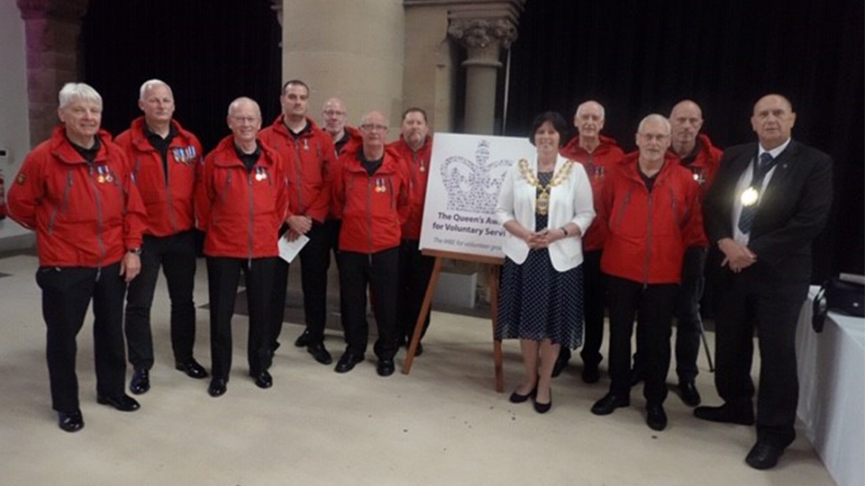 Our heroes :: left to right : Mike  Porritt, Nigel Hyde, Dr Andrew Taylor, Rick Beswick, Ian Atherton, Dave Allport, Justin Parkinson, Cll Ginny Alexander, Mayor of Oldham, ,Peter Hyde, Kelvin Storer, Mick Nield MBE, Mayor’s Consort, Adrian Alexander.