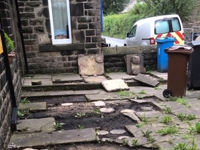 Raided. Kilngreen Church paving stones missing.