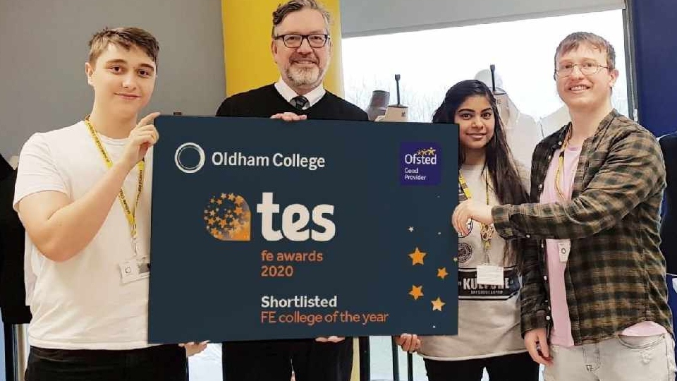 SHORTLISTED: Alun Francis (second left), Chief Executive and Principal, with students on Oldham College’s fashion and textiles course who are (from left) Barney Garlick, Hira Chama and Matthew Brierley