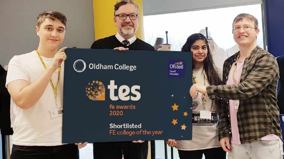 SHORTLISTED: Alun Francis (second left), Chief Executive and Principal, with students on Oldham College’s fashion and textiles course who are (from left) Barney Garlick, Hira Chama and Matthew Brierley SHORTLISTED: Alun Francis (second left), Chief Executive and Principal, with students on Oldham College’s fashion and textiles course who are (from left) Barney Garlick, Hira Chama and Matthew Brierley