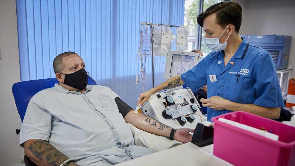 Paul Mates is pictured donating at Manchester Plymouth Grove Donor Centre