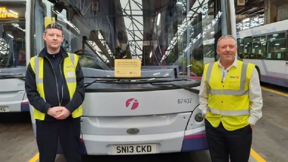 Driver Grahame Stott, left, with engineering manager Kevin Farricker at the Oldham depot Driver Grahame Stott, left, with engineering manager Kevin Farricker at the Oldham depot