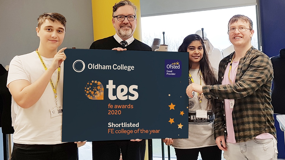SHORTLISTED! Alun Francis (second left) Chief Executive and Principal of Oldham College, celebrating Oldham College’s shortlisting for the TES FE Awards 2020 ‘College of the Year’ with Fashion students. 