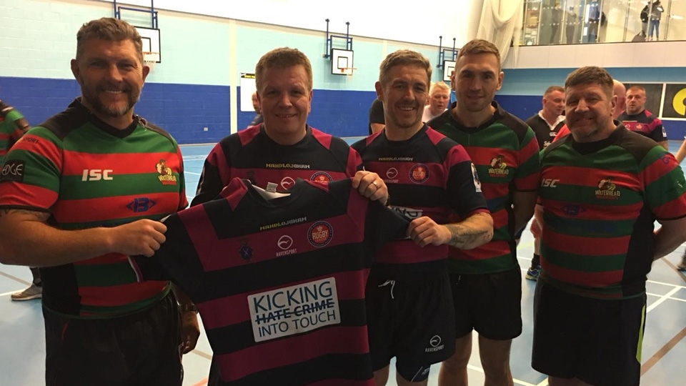 GROUP L-R Barrie McDermott Police Insp. Danny Atherton PC Damieon Hartley-Pickles. Kevin Sinfield Richard Russell GROUP L-R Barrie McDermott Police Insp. Danny Atherton PC Damieon Hartley-Pickles. Kevin Sinfield Richard Russell