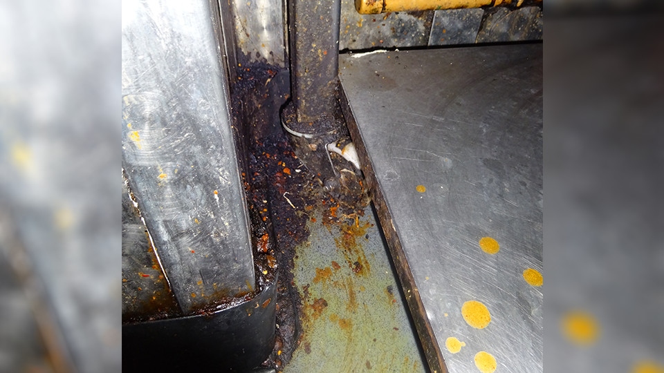 Accumulations of food debris at hygiene inspection