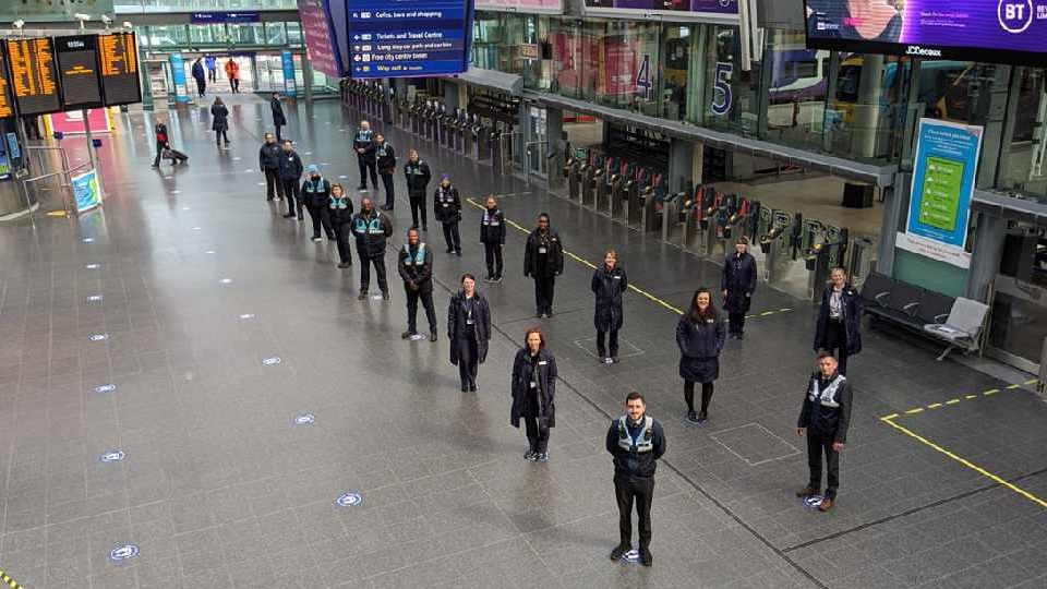 The social distancing guides on Manchester Piccadilly concourse