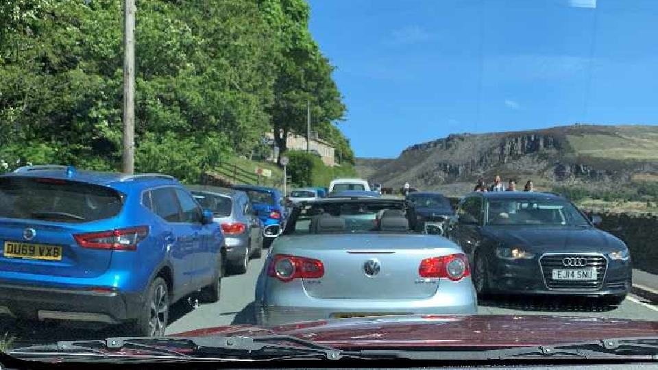 The gridlocked scene close to Dovestone Reservoir yesterday