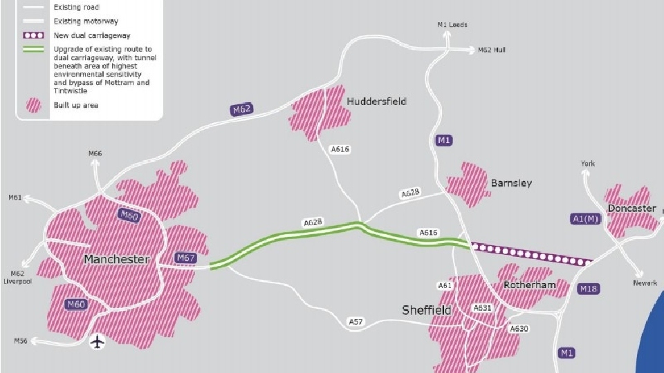 A map shows the proposed Peak District road tunnel route