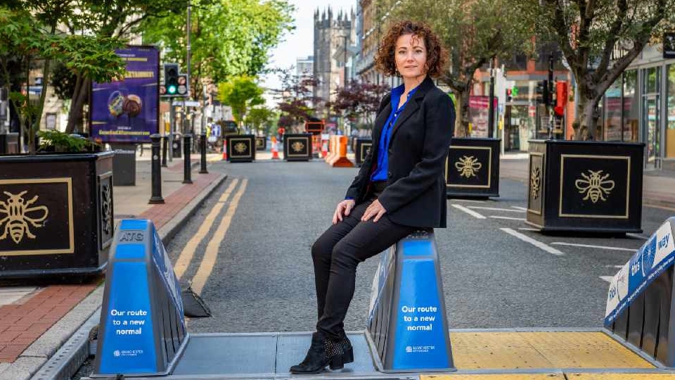 Cllr Angeliki Stogia pictured at the new Deansgate pedestrian and cycle zone