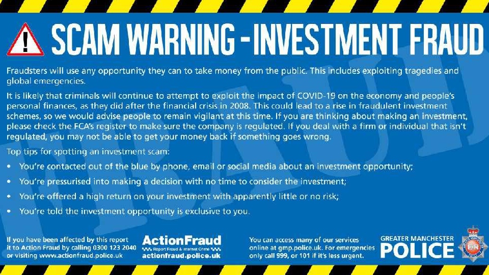 Investment fraud is when a fraudster contacts someone pretending to offer the opportunity to invest in a variety of schemes or products with promise of a great return Investment fraud is when a fraudster contacts someone pretending to offer the opportunity to invest in a variety of schemes or products with promise of a great return