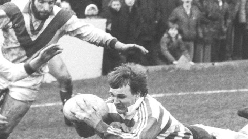 Alan Taylor dives in for a try during his Oldham hey-day