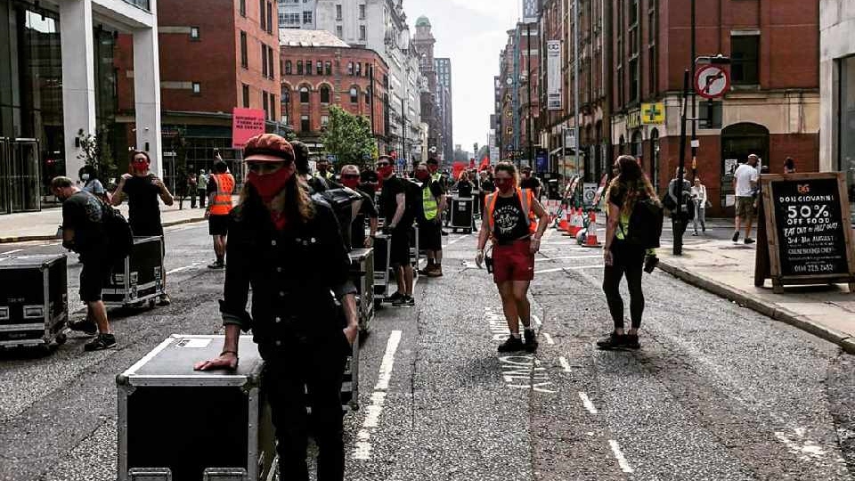 Oldham indie band Dirty Laces supported yesterday's march which saw freelancers pushing empty flight cases in front of them as they made their way silently from Manchester Academy - home of many a memorable gig for live music lovers of all ages - along Oxford Road, to St Peter's Square