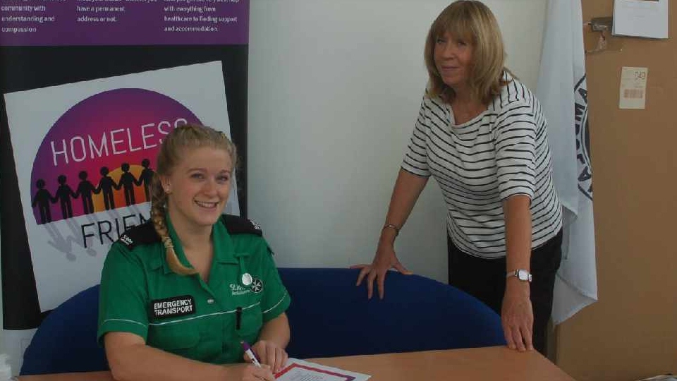 Pictured (left to right) are Caroline Broadbent (Lead Volunteer for the Homeless, St John’s Ambulance) and Gail Sutcliffe (Homeless-Friendly manager)