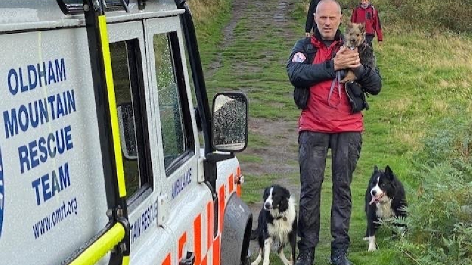 Mick is pictured with search dogs Dave and Bob, and the rescued dog