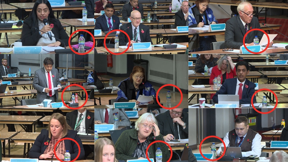 Plastic water bottles are used in Council meetings Plastic water bottles are used in Council meetings