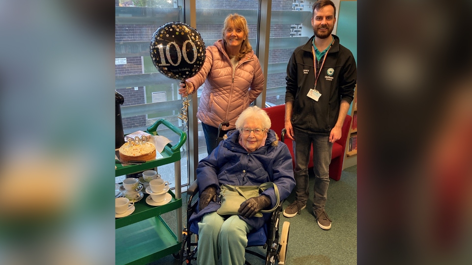 Mary with HLS volunteer Gail Cassidy and Library Assistant Simon Jones