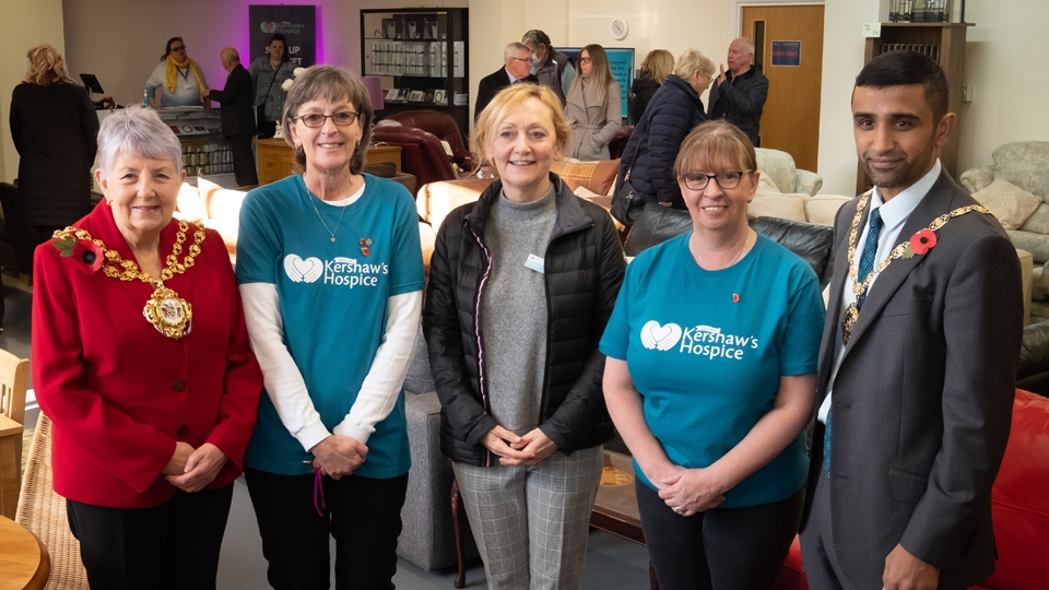 L-R – The Mayor of Oldham, Councillor Jenny Harrison; Alison Taylor (Dr Kershaw’s Area Manager); Joanne Sloan (Dr Kershaw’s Chief Executive); Jayne Whiteman (Dr Kershaw’s Retail Store Manager); The Mayor’s Consort, Councillor Shaid Mushtaq